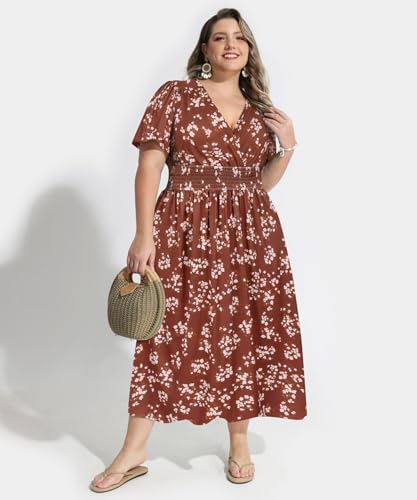 Image of CARCOS Plus Size Dresses for Curvy Women V Neck Summer Maxi Dress Short Sleeve Floral Boho Dress Smocked Waist Beach Dress
