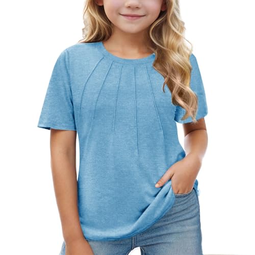 Girls Pleated T-Shirts Ruffle Short Sleeve Crewneck Solid Color Loose Shirts Summer Casual Basic Fashion Tees Tops