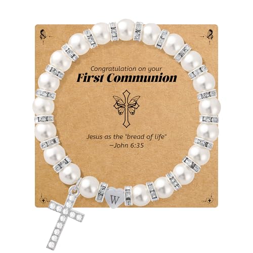 Image of BAYLAY First Communion Gifts for Girls, Cross Bracelet for Teen Girl First Communion Bracelet for Girls Pearl Letter Initial Charm Bracelet First Holy Communion Gifts for Girl Catholic