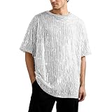 Camisa Disco Hombre Vintage- Camisa Lentejuelas Hombre con Flecos Y Manga Corta Transpirable con Lentejuelas Top Casual Diario Y Para Salidas 2026, blanco, L