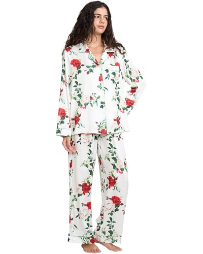 Image of YiNi LuLu Womens Silk Satin Pajamas Set Button Down 2 Piece Pjs Long Sleeve Oversized Sleepwear with Pockets