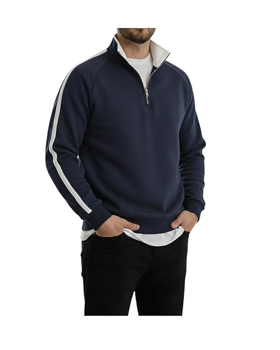 Men's Quarter Zip Pullover Sweater with Contrast Stripe, Long Sleeve Athletic Casual Sweatshirt for Winter Wear, Black
