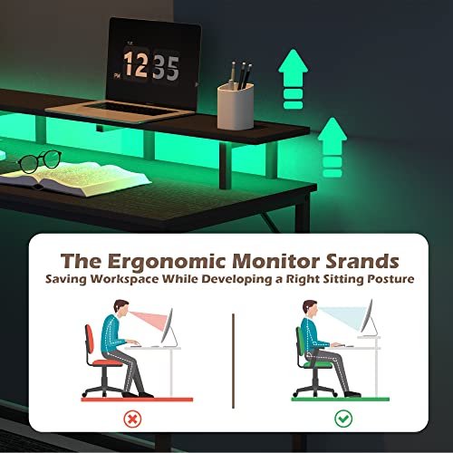 Superjare L Shaped Gaming Desk With Power Outlets & Led Lights, Computer Desk With Monitor Stand & Storage Shelf, Home Office Desk Corner Desk With Hooks, Black #TOP5