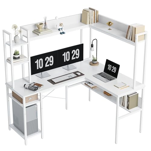 CubiCubi 60 L-Shaped Gaming Desk with Hutch and Storage Shelves, White