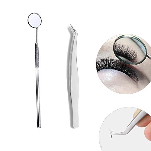 Gizhome 2 Piece Eyelash Extensions Tool Set - Makeup Mirror for Eyelash Extensions and Tweezers for 3D, 6D Volume Mink Eyelash Extensions, Stainless Steel