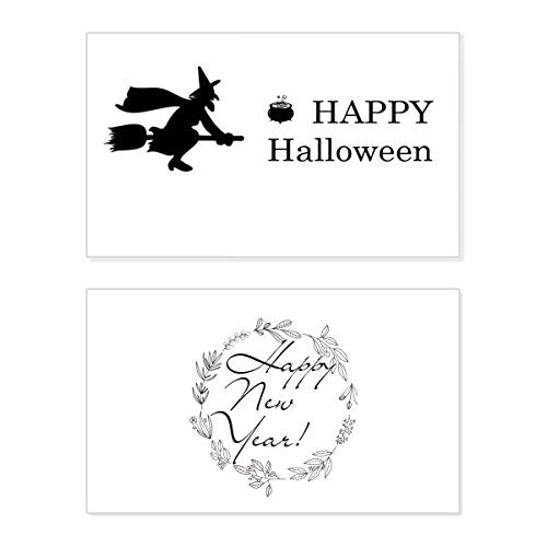 Tarjeta de felicitación con mensaje de Wizard Happy Ghost para Año Nuevo y Halloween