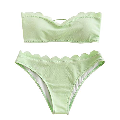 ZAFUL Women Lace-up Scalloped Bandeau Bikini Set Floral Swimsuit High Cut Bathing Suit (Mint Green-Solid Color, S)