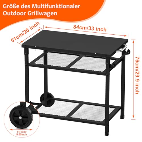 JYiuog multifunktionaler Grillwagen, 3-Etagen Grill-Esswagen, Küchenwagen mit Papierhandtuchhalter und Haken, Outdoor Servierwagen Beistelltisch (schwarz)