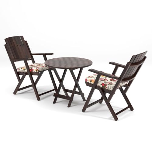 Image of Sheesham Wooden Portable Foldable Coffee Color 4 Seater Chair and Table Set with Printed Cushion Outdoor Balcony Garden Coffee Table Set Furniture