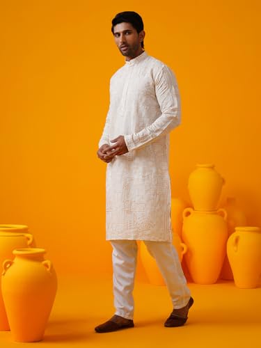 Sojanya (Since 1958 Men'S Cotton Silk Kantha Thread Embroidered Long Kurta3
