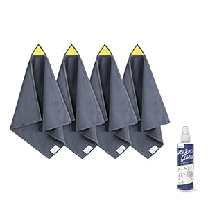 loukin 4 Pack Magnetic Whiteboard Cleaning Cloth, Dry Erase Cleaning Cloth for Classroom, Home and Office Use, Reusable & Washable, Gray, 12″ x 12″, 1 Bottle of 3.4 fl oz Whiteboard Cleaner Included