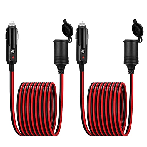 SOSPIRO 2Pcs 24FT/8M Car Lighter Extension Lead DC12V 24V 16AWG Cigarette Lighter Extension Cord, 20A Fuse, Male Plug to Femal Socket Extension Cable LED Light for Camping Tire Inflator Air Compressor