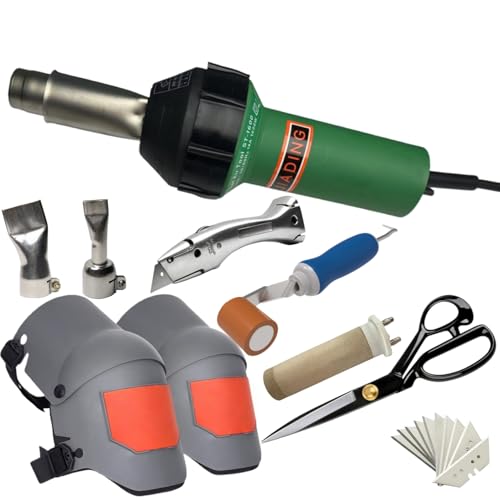 Professional TPO PVC Roofing Hot Air Welding Kit with 1600W Heating Gun Nozzles Rollers Scissors Professional knee pads Complete Installation Tools Set (A)
