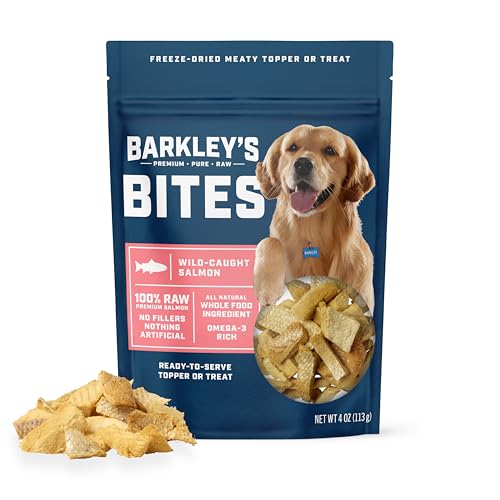 Barkleys Bag Salmon Bites Freeze Dried Dog Treats and Food Topper Made with Wild-Caught Salmon Bite-Sized Whole Pieces for Training Rewards for All Dog Breeds Ages & Sizes 4 Oz Bag (1 Pack)