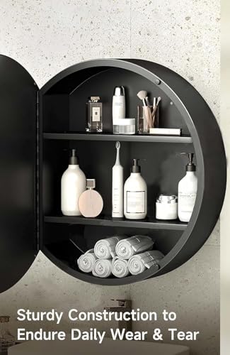Image of iSTAR Round Wall Mirror with Storage Shelf | Bathroom Vanity Mirror with Hidden Storage Cabinet | Wall Mounted Decorative Mirror for Bathroom, Bedroom, Living Room (Black)