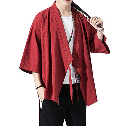 Image of PRIJOUHE Men's Kimono Jackets Cardigan Lightweight Casual Cotton Blends Linen Seven Sleeves Open Front Coat Outwear