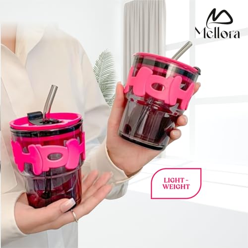 Image of MELLORA HOHO Glass Tumbler with Straw, Leak-Proof Lid & Letter Rubber Grip - 400ml | Stylish Wide Mouth Flask for Hot & Cold Beverages | Easy-Clean Mug for Office, Gym & Travel | Hot Pink