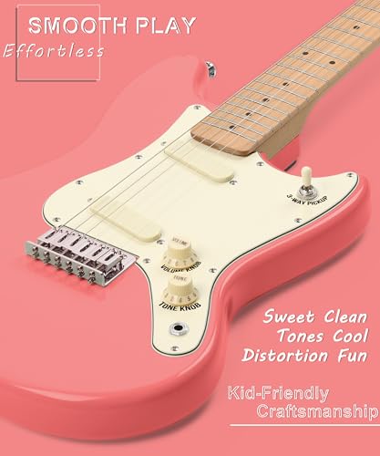 Image of AKLOT Mini Kids Electric Guitar: 3 /4 Size Guitar Kit for Beginners, 1.5in Narrow Neck for Small Hands, Easy to Play, Age 6-12, 36 inch, 10W Amp, Gig Bag, Strap, Cable, Picks & Lesson Book (Pink)