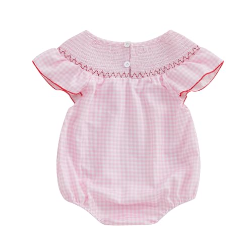 Infant Girls Embroidery Strawberry Romper Newborn Baby Coming Home Outfit Summer Casual Fly Sleeve Smocked Bodysuit2