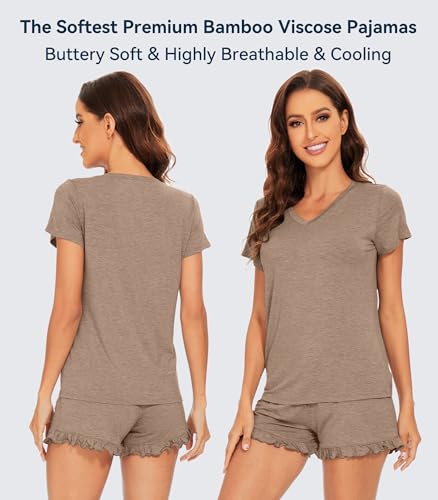Image of WiWi Womens Pajamas Set Bamboo Viscose Super Soft Short Sleeve Top Ruffle Shorts Sleepwear Cooling Pj Sets S-XXL