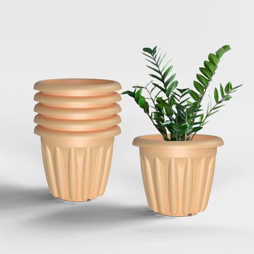 Image of YUCCABE ITALIA SHERA Floot Plastic Flower Pot Round Planter Suitable for Indoor Outdoor Kitchen Garden (Beige, 10 INCH - 6 Pcs)