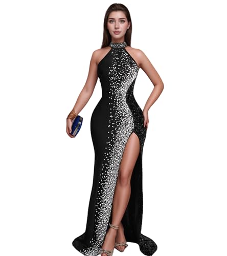 Image of Jigfar Women Sexy Elegant Rhinestone Mesh See Through Party Club Night Split Bodycon Formal Maxi Dress