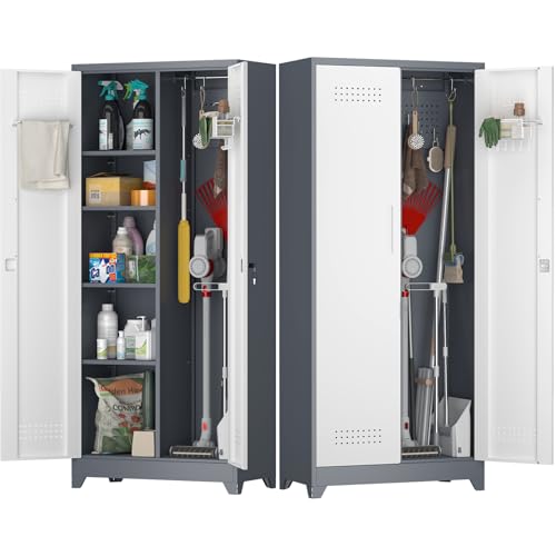 Image of Broom Storage Cabinet, Metal Cabinet with Shelves and Hanging Rod, 72.8 inch Utility Cabinets with Locking Door, Tall Cleaning Storage for Kitchen, Pantry, Office, Shop, Garage