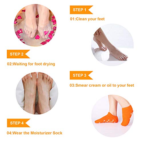 (4Pc) Moisturizing Socks,Heel Spa Socks, Soft Gel Socks Inner Lining Infused With Essential Oils And Lotions -Best For Cracked Heel,Rough Calluses,Soften Dry Feet/For Women & Men. (Black & Orange) #TOP4
