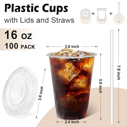 image for Lamosi 100 Pack 16 oz Clear Plastic Cups with Lids and Straws, Disposa