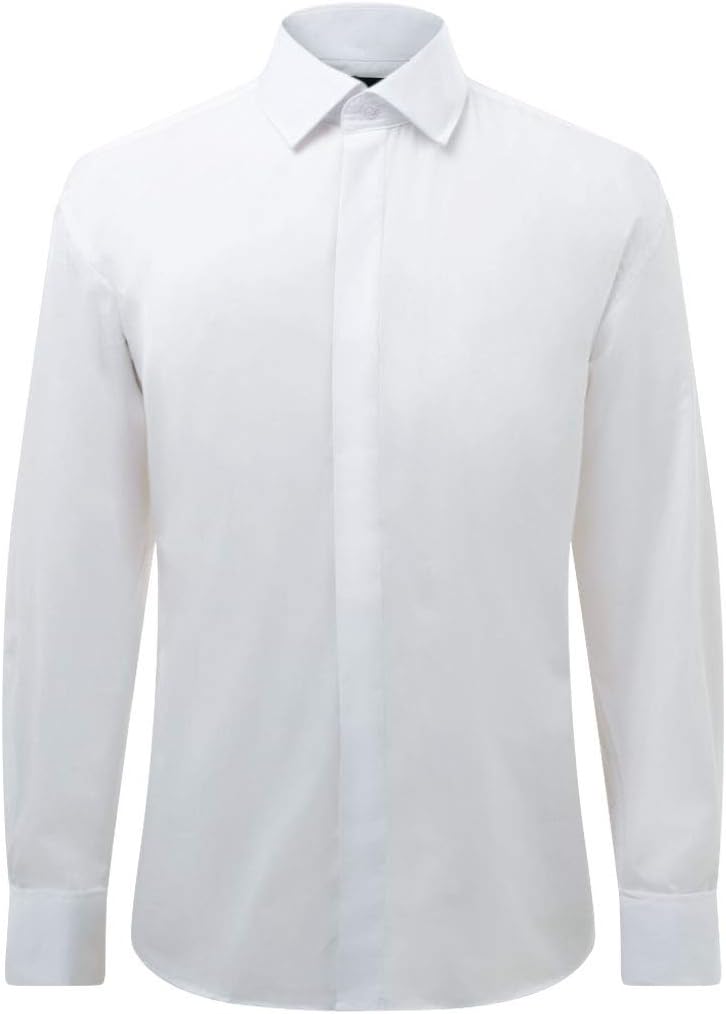 Mens White Tuxedo Dress Shirt Regular Fit Standard Collar Double Cuff Plain Fly Front
