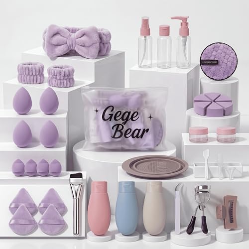 Image of Gege Bear 38-Piece Complete Beauty & Skincare Kit for Women | Spa Headband + Wrist Bands, 18 Sponges & Puffs, 8 Travel Bottles, Collapsible Brush Cleaning Tub, Eyelash Curler, Tweezers, Foundation Brush | All-in-One Makeup Starter & Travel Kit | (Lavender, 38 PCS)