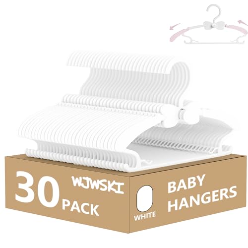 Image of Baby Hangers 30 Pack, 11-14.5" Adjustable Kid Clothes Hangers for Newborn Closet, Plastic Non-Slip Small Infant Hanger for Toddler Pant, Child Coat Percha for Boy Nursery Clothing, Girl Dresses, White