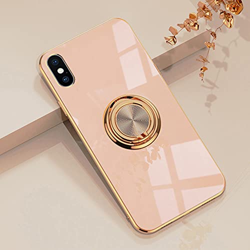Omorro for Pink iPhone Xs Max Case for Women Ring Holder, 360 TPU Rotation Kickstand Rings Cases with Stand Glitter Plating Rose Gold Edge Work with Magnetic Mount Slim Sleek Luxury Case Girly