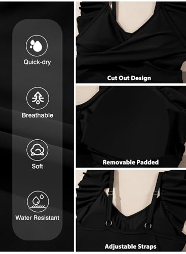 Aleumdr Women's Tankini Sets Tummy Control Swimsuits Cutout Two Piece Bathing Suit Ruffled Tank Top with High Wasited Bottom V Neck Cross Criss Swimwear Black X-Large - Image 6