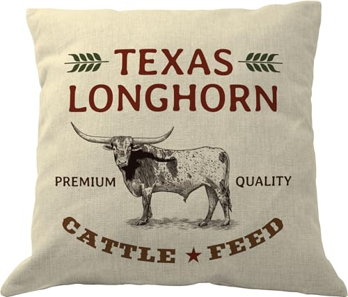 DrupsCo 18x18 Texas Longhorn Throw Pillow Cover - Cotton Linen Texas Decor Pillow Case, Rustic Themed Home Decor