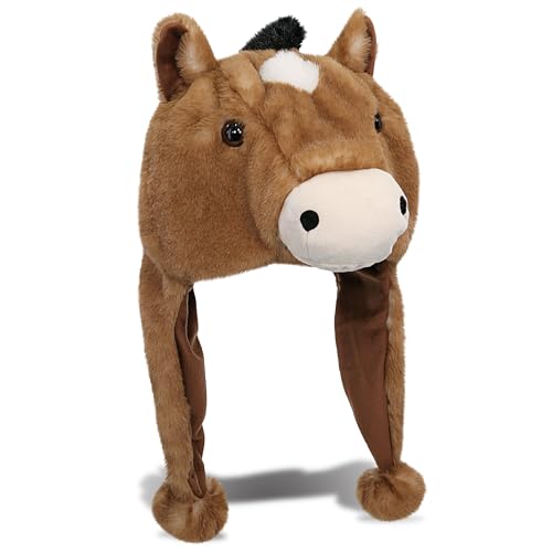 DolliBu Horse Stuffed Animal Winter Hat - Cute Farm Animal Winter Plush Horse Hat with Cozy Fleece for Kids, Teens, Adults - One Size