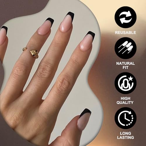 French Tip False Nails - 24pcs Short Square Black Edge Nude Pink Press On Nails With Glue - Reusable Glossy Acrylic Full Cover Fake Nails French Tip - Stick On Nails For Women Diy Nail Art Accessories - Image 2