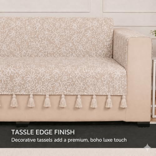 Image of STITCHNEST 'Verdant Phool Stories' 1 Seater Sofa Cover | Full Coverage with Armrest Pockets | Elegant Jacquard Fabric, Decorative Tassels, Washable & Durable for Modern Living