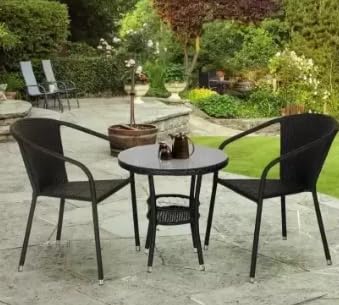 OM FURNITURE STORE Metal 1 Table & 2 Chair Set Patio Wicker Conversation Coffee, Outdoor, Indoor, Balcony, Furniture(Black)