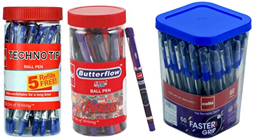 Image of Cello Technotip Blue Ball Pens | Jar of 25 Units Butterflow Avenger Blue Ball Pen | Pack of 25 Faster Grip Ball Pens | Pack of 60