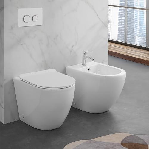 Wc e bidet rialzati filomuro per anziani e disabili, in ceramica scarico traslato 6-23 cm e sedile soft-close, serie COMODA
