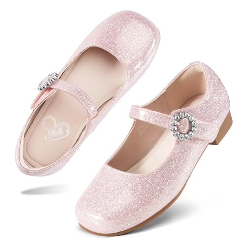 Stelle Girls Dress Shoes Mary Jane Ballet Flats Flower School Shoes for Wedding Party Toddler/Little/Big Kid(Blush Glimmer-9MT)