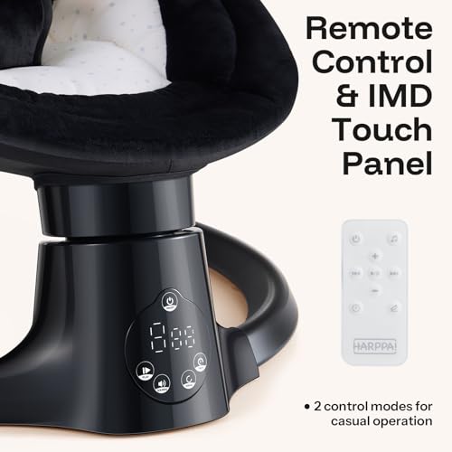 Image of HARPPA Weddell Lite Electric Swing for Baby, 5 Adjustable Speeds, Black | Infant Swing with 3 Timers, Remote & Touch Panel, 5-Point Harness, 10 Built-in Melodies, and Folds for Easy Storage