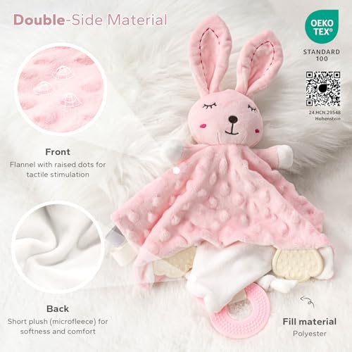 Image of ZIGJOY Baby Girl Lovey, Pink Bunny Security Blanket with Crinkle & Teether | Raised dot flannel and short plush add cozy texture for grasping, cuddling and play.