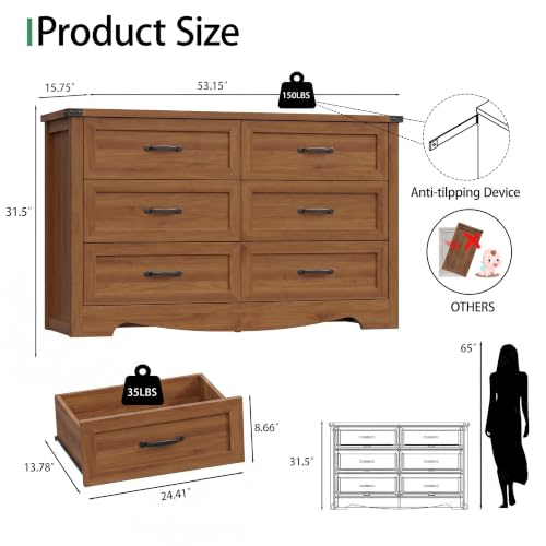Image of Xixini Dresser for Bedroom with 6 Drawers, 54 inch Wide Wood Chest of Drawers with Mental Handle, Modern Dresser TV Stand, Wooden Closet Storage Organizer for Living Room, Hallway, Entryway, Walnut