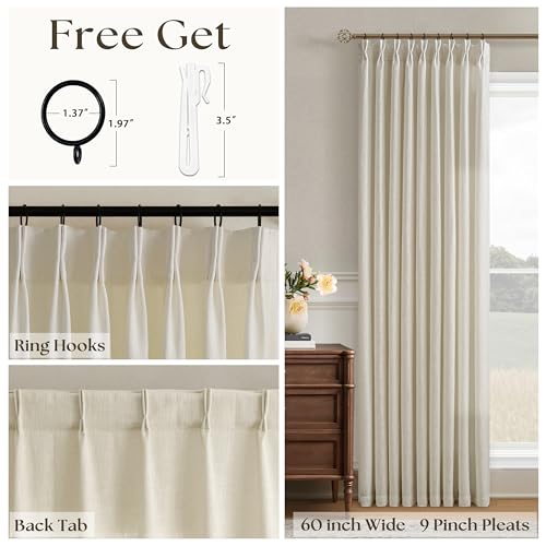 Image of 90 Inches Long 60 Inches Wide Extra Wide Linen Curtains Pleated | Light Filtering, Oatmeal, Semi Sheer, Floor, Pinch Pleated, Privacy, Back Tab, Hooks Rings, Living Dining Room, 60x90