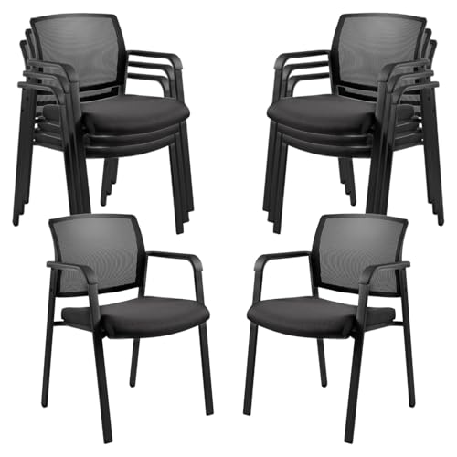 CLATINA Mesh Back Stacking Arm Chairs with Upholstered Fabric Seat and Ergonomic Lumbar Support for Office School Church Guest Reception Black 8 Pack Set New Version