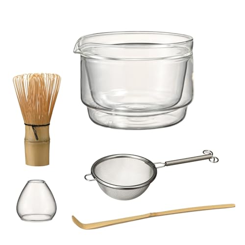 HARIO Matcha Tea Set (Clear) – Double-Walled Glass Matcha Bowl with Chasen Whisk, Whisk Stand, Chashaku Scoop & Tea Sifter, Complete Japanese Matcha Kit, Gift