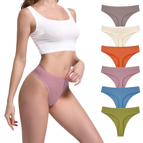 Image of High Waist Cotton Thongs Women Cotton Rib Thongs Panties 6pcs | Wironoat High Waist Cotton Thongs Women Cotton Rib Comfortable Soft Thongs Panties Pack 6