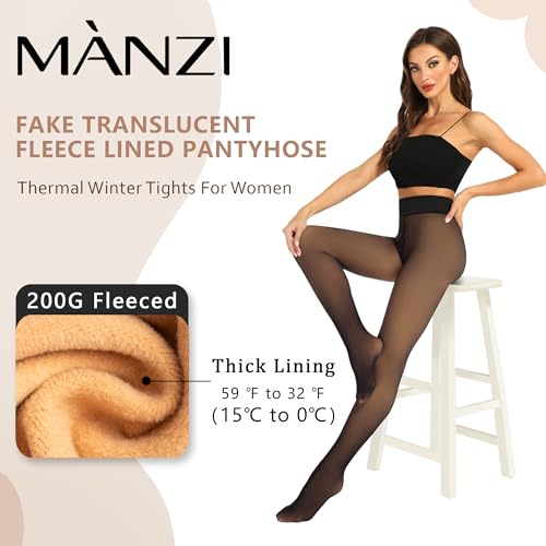 MANZI Women's Fleece Lined Faux Sheer Black Warm Tights Fake Translucent Winter High Waisted Thick Thermal Stockings2